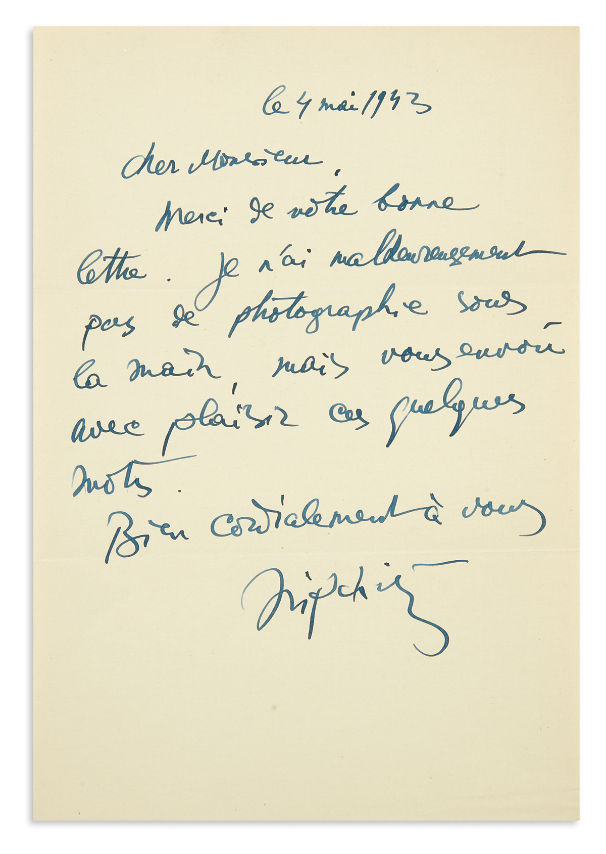LIPCHITZ, JACQUES. Brief Autograph Letter Signed, Lipchitz, to Dear Sir, in French: